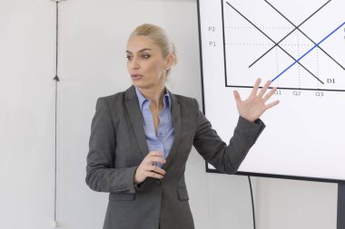 Sınıfta ders veren kadın öğretmen ya da profesör.