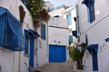 Beyaz-mavi şehir Sidi Bou Said, Tunus. Fransız tılsımlı Doğu Masalı