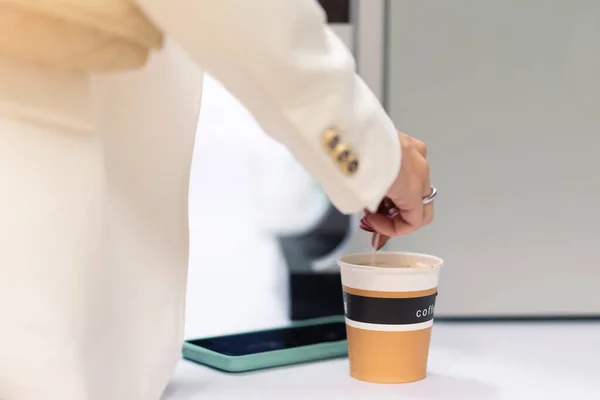 Woman Business Suit Making Coffee Coffee Machine — Foto de Stock