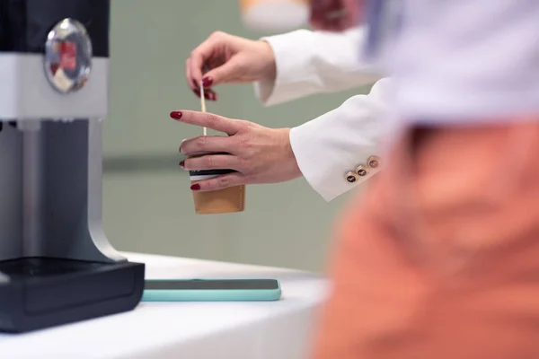 Woman Business Suit Making Coffee Coffee Machine Стоковое Изображение