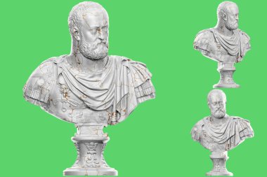 Taş dokusu ve altın aksanlı tarihi bir büst heykelinin 3 boyutlu görüntüsü. Tarihi tasarım projeleri için ideal