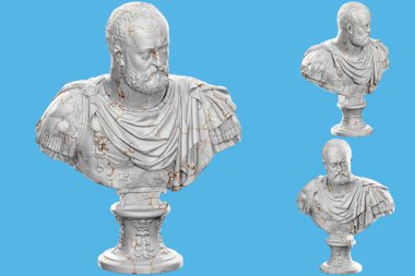 Taş dokusu ve altın aksanlı tarihi bir büst heykelinin 3 boyutlu görüntüsü. Tarihi tasarım projeleri için ideal