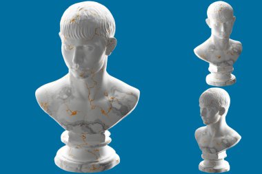 Beyaz mermer ve altın rengi kısa saçlı genç adamın zarif 3D görüntüsü, moda aparatı.