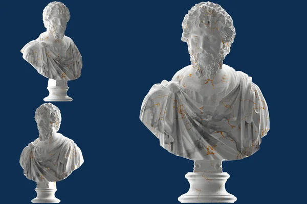 Elegant 3D render of Roman Emperor statue in white marble and gold. for apparel and album cover