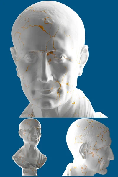 A stunning white marble and gold 3D render of The Caesar bust, for apparel, streetwear, album cover