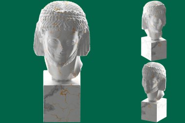 Rampin Rider 'ın 3 boyutlu beyaz mermer ve altın heykeli. Web siteleri, sosyal medya ve promosyonlar için mükemmel..