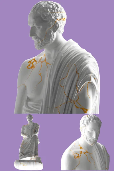 Elegante Statua Marmo Bianco Demostene Finitura Oro Perfetta Marchio Lusso — Foto Stock