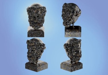 Sakallı Adam 'ın başı sanatsal proje için altın aksanlı büyüleyici siyah mermer heykel.