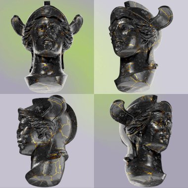 Athena Parthenos 'un başı altın aksanlı çarpıcı siyah mermer heykel. sanatsal proje için