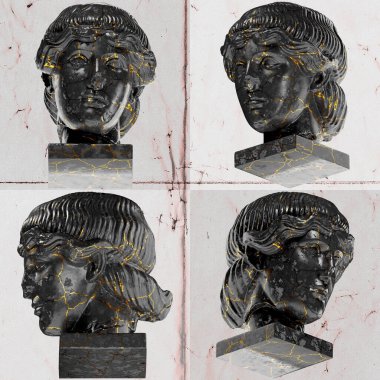 Orpheus 'un başı sanatsal proje için altın aksanlı büyüleyici siyah mermer heykel
