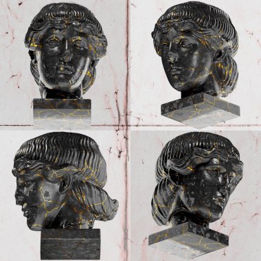 Head of Orpheus A captivating black marble statue with golden accents for artistic project clipart