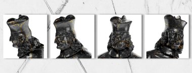 Kardinal heykeli portresinin 3 boyutlu çizimi. Siyah parlak mermer ve büyüleyici altın aksanı.