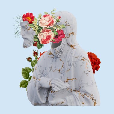 3D heykelleri olan bir aziz, işin için çiçek yapraklarıyla kolaj.