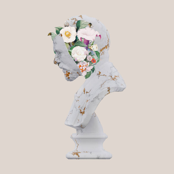 Carl Jacobsen statues 3d render, collage with flower petals compositions for your work