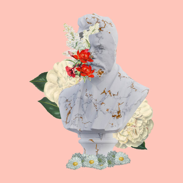 Carl Jacobsen statues 3d render, collage with flower petals compositions for your work
