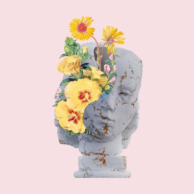 Kadın baş heykelleri 3D çizim, çiçek yapraklarıyla kolaj çalışmalarınız için.