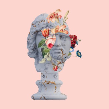 Barbar şef heykeller 3D çizim, çiçek yapraklarıyla kolaj çalışmalarınız için.