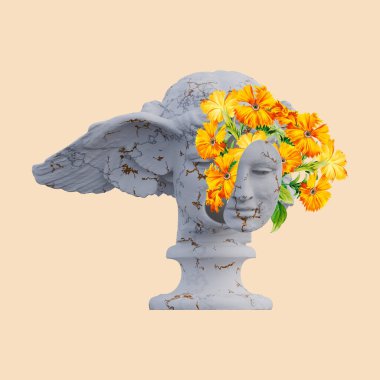 Hipnoz heykelleri 3D çizim, çiçek yapraklarıyla kolaj çalışmalarınız için.