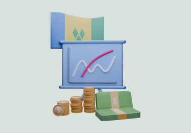 Saint Vincent ve Grenadines bayrağı ve para biriminin 3 boyutlu çizimi.