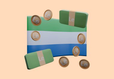 Leone adı verilen Sierra Leone bayrağı ve para biriminin 3D çizimi