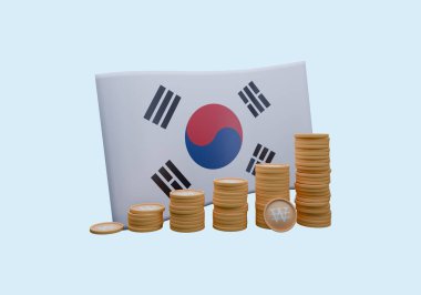 Güney Kore bayrağı ve para birimi Won 'un 3D çizimi