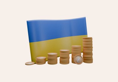Ukrayna bayrağı ve para biriminin Hryvnia adı verilen 3D çizimi