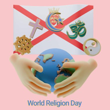 Decorative 3D renders of World Religion Day Written in Jersey Language and Flag