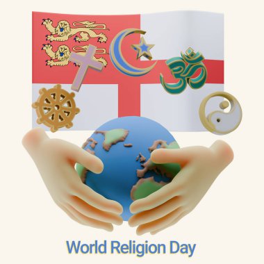 Invigorating 3D renders of World Religion Day Written in Sark Language and Flag