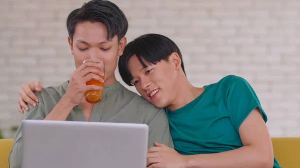 Asiático Gay Toma Cuidado Pareja Mientras Trabajo Portátil Casa —  Fotos de Stock
