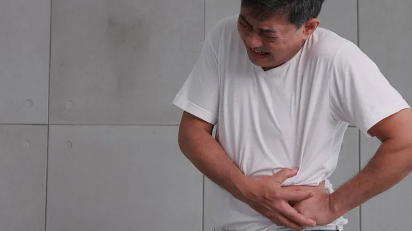 Homem Asiático Tem Dores Estômago Graves Causadas Por Apendicite — Fotografia de Stock