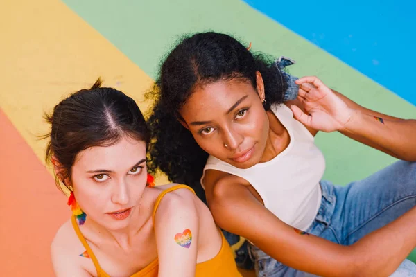 Lesbian Couple Rainbow Tattoo Sticker Flag Representing Symbol Homosexuality Pride — Stock Photo, Image