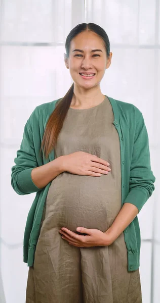 Счастливая Азиатская Беременная Женщина Нежно Трогает Своего Нерожденного Ребенка Стоя — стоковое фото