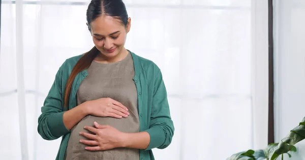 Feliz Asiático Embarazada Mujer Cariñosamente Tocando Nonato Hijo Mientras Pie — Foto de Stock