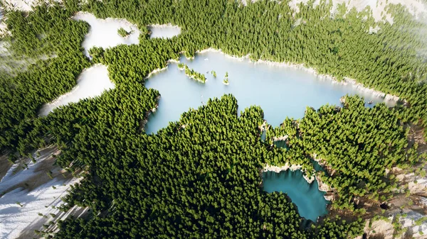 令人叹为观止的鸟瞰着一片绿松石湖的茂密森林 它是保护我们的地球和促进可持续发展的一个深刻的提醒 3D渲染 — 图库照片