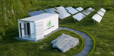 Detailed view of the battery energy storage located in an open industrial container on a lush lawn with a photovoltaic power plant in the background. 3d rendering. clipart