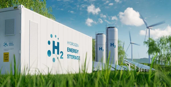 Storing electrical energy in hydrogen through electrolysis. The setup includes an electrolysis unit, storage tanks, and solar and wind power plants amidst a green landscape. 3d rendering