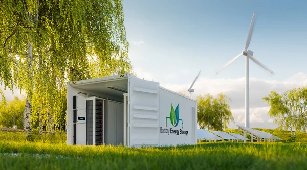 An open industrial container that houses battery modules used as an energy storage system, set in a beautiful meadow with birch trees in the background with solar and wind turbines. 3d rendering.