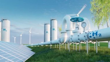 Hidrojen boru hattı ve rüzgar türbinleriyle yeşil çayır manzarası. Hidrojen depolama tankları ve fotovoltaik paneller temiz enerji üretimini artırır. 3d oluşturma