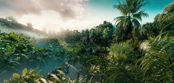 Immersive Sunset View Through the Dense, Misty Jungle: A First-Person Perspective. 3d Rendering.