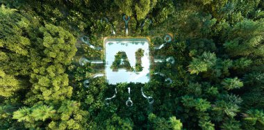 Ai 'nin çevresel yapısını temsil eden soyut bir simge. Güzel, el değmemiş bir ormanın ortasında yapay zeka sembolü olan bir gölet. 3d oluşturma.