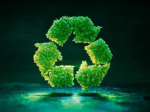 Ein Recycling Symbol Aus Sattgrünen Durchscheinenden Blättern Die Vor Dunkelblauem Stockfoto
