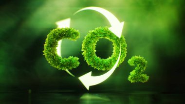 Karbondioksitin iklim ve küresel ısınma üzerindeki etkisi, yemyeşil yapraklarla kaplı bir CO2 sembolü şeklinde. 3B illüstrasyon.