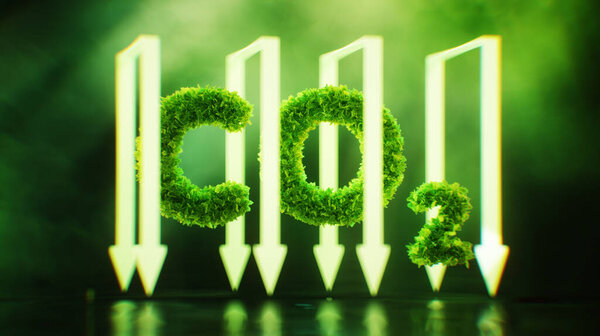 Концепция улавливания и хранения углерода в виде покрытого листьями знака, граничащего со стрелками, представляющими собой клетку. 3d-рендеринг.