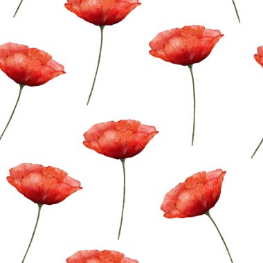 Watercolor seamless pattern of poppies and leaves on a white background. Suitable for fabric design, paper, wallpaper, invitation. High quality illustration