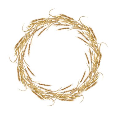 Watercolor wreath of golden spikelets of wheat oats rye grains on a white background. Round frame for design. High quality illustration