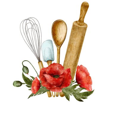 Watercolor composition of flowers, cooking tools on a white background. Whisk, rolling pin, chefs spoon suitable for logo design, recipe, invitation. High quality illustration