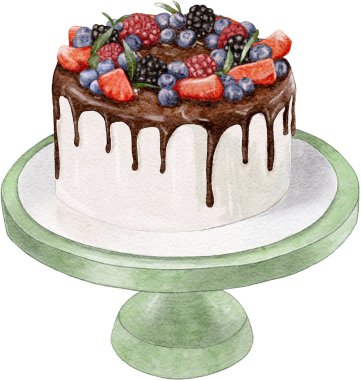 Chocolate berry cake on a blue stand painted in watercolor. Cake for birthday, wedding, party with chocolate icing, blueberries, strawberries, blackberries. On a white background.