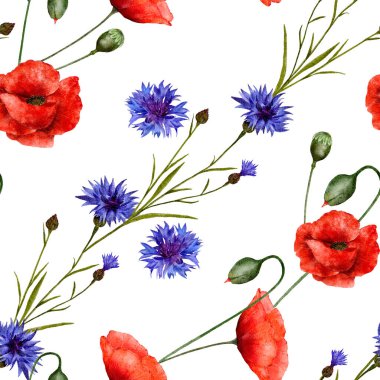 Watercolor seamless pattern of cornflower plants and poppy flower. Wildflowers for fabric design pattern, wrapping paper, wallpaper. High quality illustration