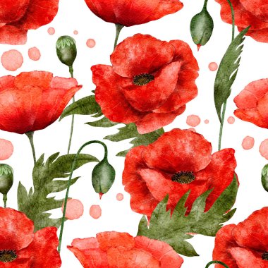 Watercolor seamless pattern of poppies and leaves on a white background. Suitable for fabric design, paper, wallpaper, invitation. High quality illustration