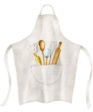 Watercolor apron with feeder kitchen tools, rolling pin, whisk, chefs spoon. Wooden kitchen utensils on a white background. High quality illustration